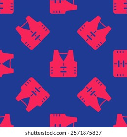 Red Fishing jacket icon isolated seamless pattern on blue background. Fishing vest.  Vector