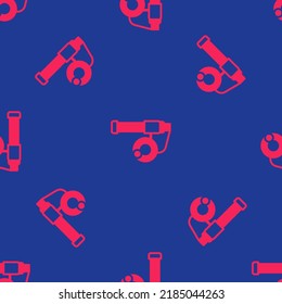 Red Fishing Rod Icon Isolated Seamless Pattern On Blue Background. Catch A Big Fish. Fishing Equipment And Fish Farming Topics.  Vector