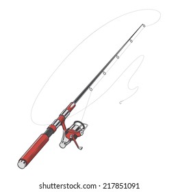 Red fishing rod, spinning with bait isolated on a white background. Color line art. Retro design. Vector illustration.