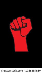 Red fist on black background. Concept of resistance, revolution, new changes. Use for printing on T-shirts, paper, textiles, poster, banner. Poster with empty field for your text. Template for design