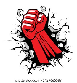 Red fist punched through stone wall. Vector on transparent background