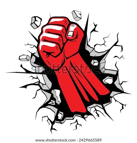 Red fist punched through stone wall. Vector on transparent background