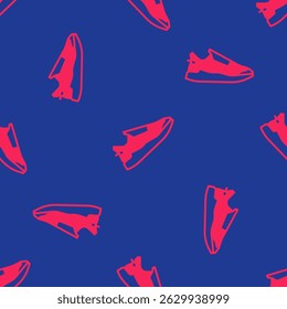 Red Fitness sneakers shoes for training, running icon isolated seamless pattern on blue background. Sport shoes.  Vector