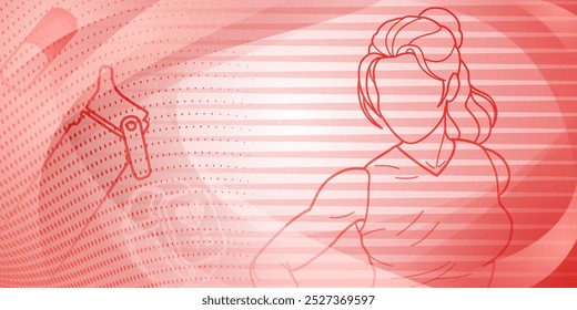 Fundo vermelho fitness temático. Ilustração estilizada de uma mulher com o cabelo para cima, vestindo um top sem mangas, definido contra um fundo gradiente vibrante com formas e padrões abstratos.