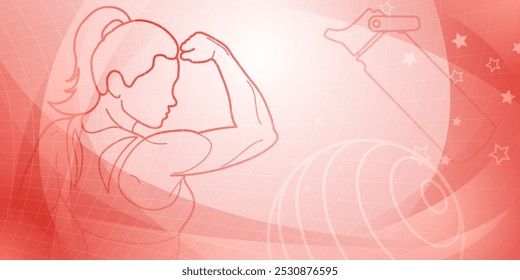 Red fitness themed background. Stylized graphic with a female figure prominently displayed, engaged in the act of flexing her arm muscles. The background has abstract elements that suggest motion.