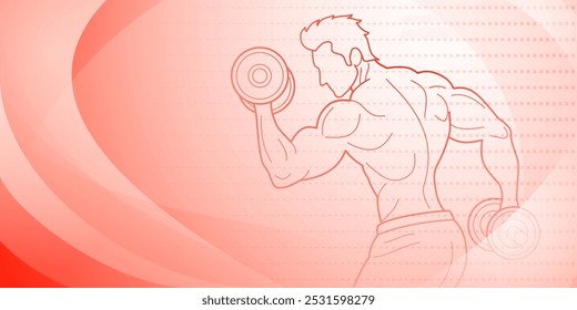 Fondo temático de fitness rojo. Ilustración estilizada de un hombre levantando pesas, con el fondo con Formas abstractas y colores que le dan una sensación dinámica.