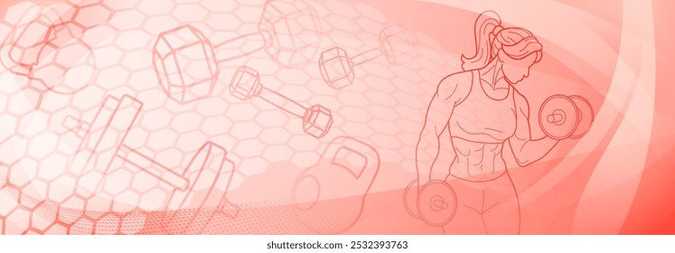 Red fitness themed background. Stylized female figure with muscular arms, holding what appears to be a dumbbell or weight, set against a background of abstract shapes.