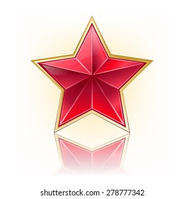 red five corner star with golden border on white with reflection