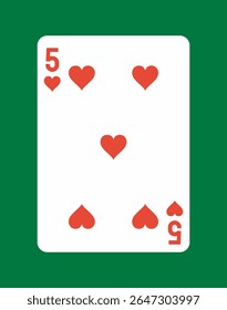 Cinco de corações vermelhos jogando design de carta com cantos arredondados, estilo gráfico plano, centrado no plano de fundo verde sólido. Conceito de jogos de azar e casino. Ilustração vetorial