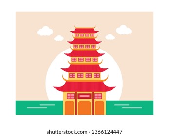 Red five level buddhist pagoda in the garden, chinese dynasty architecture. Character design. Vector flat illustration