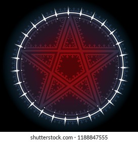 Red five pointed pentagram star with ornament in white circle. On black background. Vector icon.