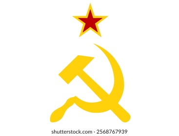 Red five pointed star with yellow hammer and sickle on white isolated background. Symbol of totalitarian and dictatorial state of the USSR. Vector illustration for stickers, logo, flyer, icon, card