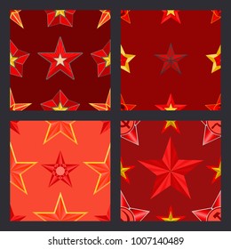 Red five pointed stars on red background. Symbols and signs of socialism and communism, revolution stars. Set of four abstract seamless patterns, texture for banner, gift wrapping. Vector