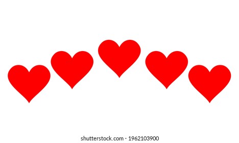Red five shape hearts quality icon on a white background. 5 rating heart. EPS 10 vector rank illustration