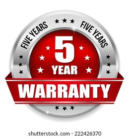Red five year warranty badge with metallic border and ribbon