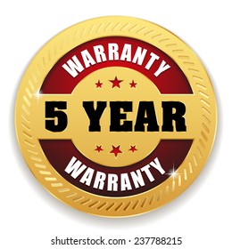 Red five year warranty button with gold border on white background