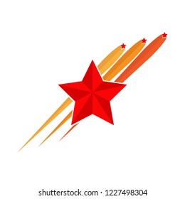 Red five-pointed star on the background of three rays of fireworks 