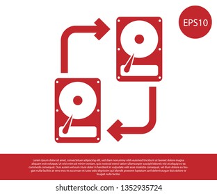 Red A fixed data storage device hard disk with arrows, data copy icon isolated on white background. Data exchange with hard disk drive. Transfer sign. Vector Illustration