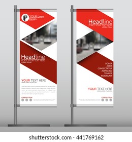 Red flag banner business brochure flyer design template vector, leaflet cover presentation abstract geometric background, modern publication x-banner and roll up, layout in rectangle.