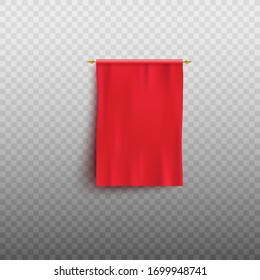 Bandera roja o banner de tela vacía con portaobjetos 3d ilustración vectorial realista aislada en fondo transparente. Plantilla de carteles publicitarios para información.