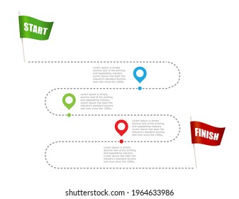 Red Flag finish and green flag start. Infographic with points on the road on the dotted line. Vector illustration in flat style isolated. 
