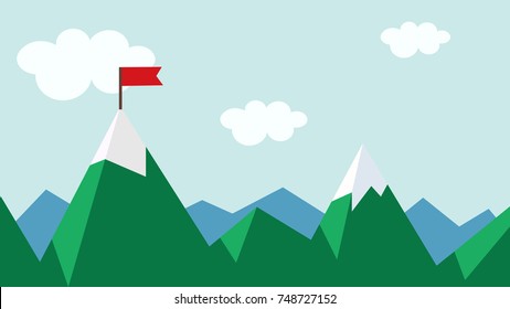 Red flag goal on the top of mountain, business flat vector concept