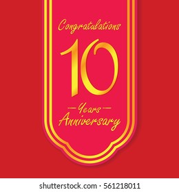 red flag and gold text 10 years anniversary vector design 