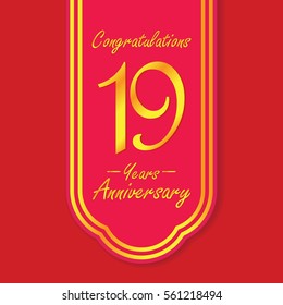 red flag and gold text 19 years anniversary vector design 