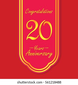 red flag and gold text 20 years anniversary vector design 