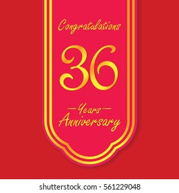 red flag and gold text 36 years anniversary vector design 
