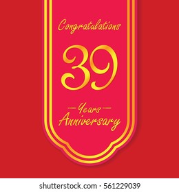 red flag and gold text 39 years anniversary vector design 