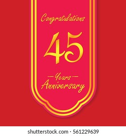 red flag and gold text 45 years anniversary vector design 