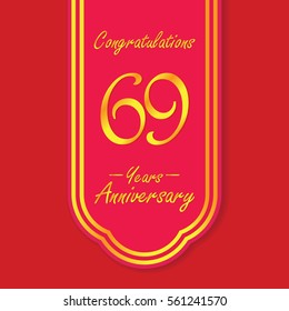 red flag and gold text 69 years anniversary vector design 