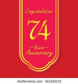 red flag and gold text 74 years anniversary vector design 