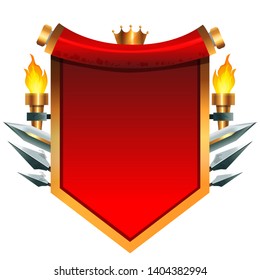 
Red flag with a Golden crown, with swords and torches for a game on a white background.

