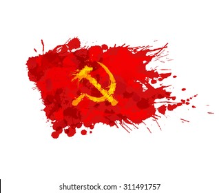 Red flag with hammer and sickle made of colorful splashes