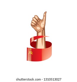 Red flag and hand on white background. Vector illustration