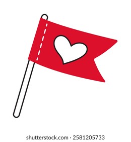 Red Flag with heart doodle style Hand drawn trendy flat style love isolated icon Romantic symbol of love for web graphic design poster tattoo Valentines Day Greeting card line art Vector illustration