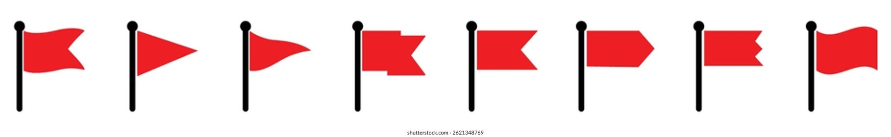  Red flag icons collection set on white background. Red flag warning icon set for alert messages. Set of different red flag vector shapes. Hazard emblem minimal vector graphic. Vector illustration