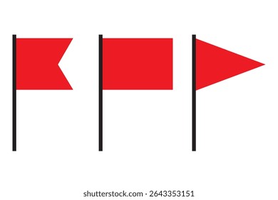 Red flag icons. Directional banner symbols. Simple pole flags. Vector alert markers.