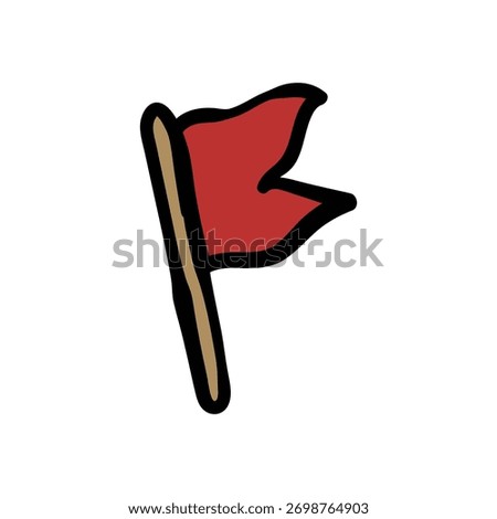 Red flag illustration features a simple cartoon style with a brown flagpole against a white backdrop representing a marker or warning signal for various purposes like indicating location or signifyin