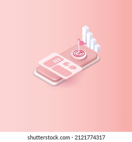 red flag middle target on phone goal increase achieve a goal concept 3d vector isometric red pink data market step development