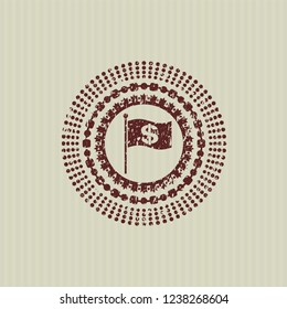 Red flag with money symbol inside icon inside distressed rubber stamp