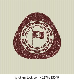 Red flag with money symbol inside icon inside distressed rubber stamp