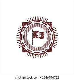 Red flag with money symbol inside icon with rubber seal texture