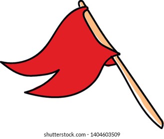 A red flag on a brown flagpole, vector, color drawing or illustration. 