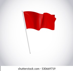 Red flag on flagpole isolated on white background.  Flag flying in wind. 