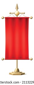 Red flag on golden pole. Realistic cloth blank mockup