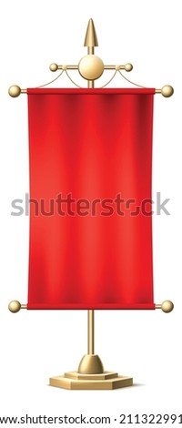 Red flag on golden pole. Realistic cloth blank mockup