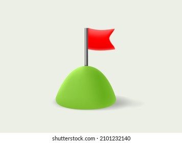 Red flag on a hill. Achievement concept. 3d vector illustration